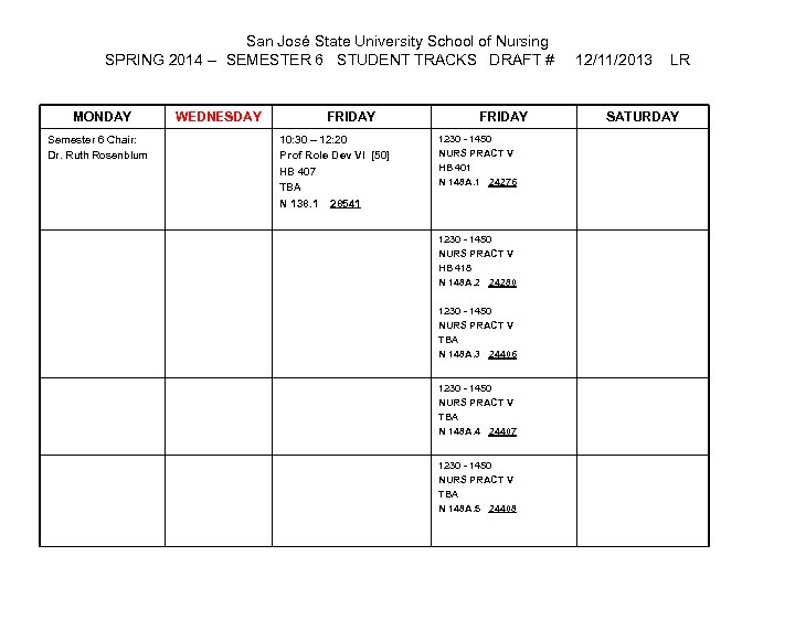 San José State University School of Nursing SPRING 2014 -- SEMESTER 6 STUDENT TRACKS