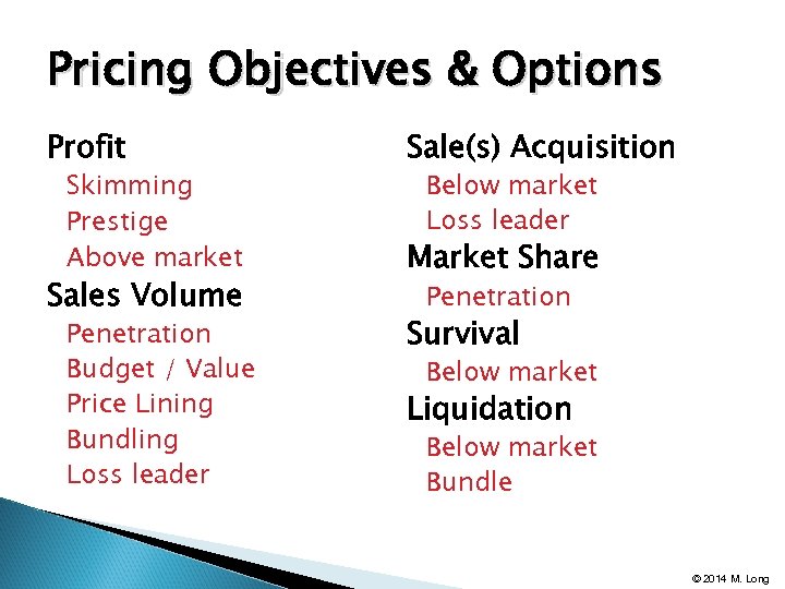 Pricing Objectives & Options Profit Skimming Prestige Above market Sales Volume Penetration Budget /