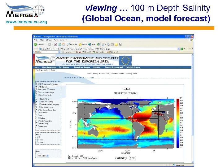 www. mersea. eu. org viewing … 100 m Depth Salinity (Global Ocean, model forecast)