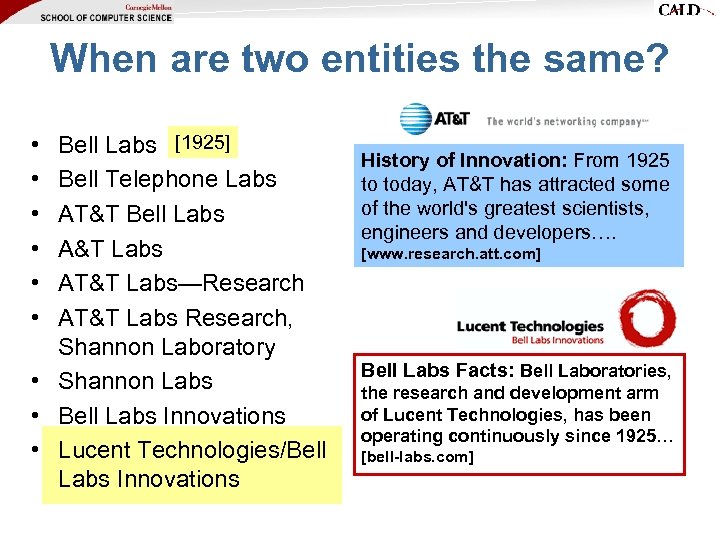 When are two entities the same? • • • Bell Labs [1925] Bell Telephone