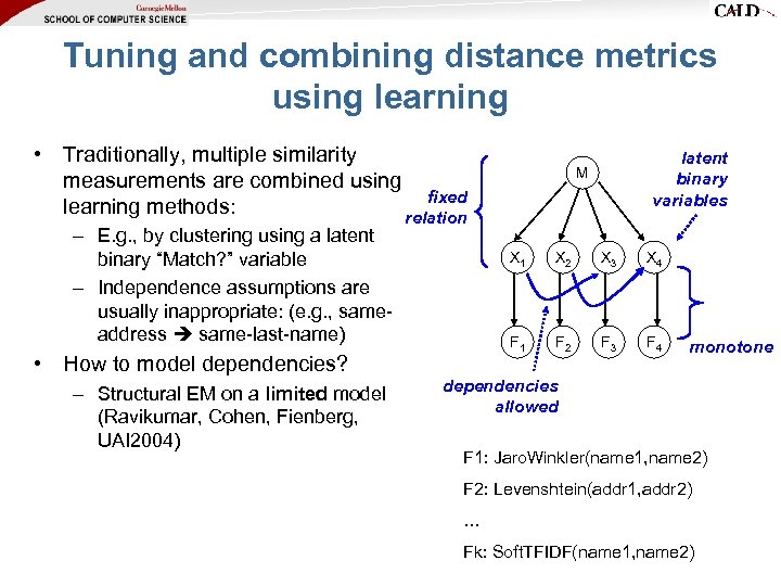 Tuning and combining distance metrics using learning • Traditionally, multiple similarity measurements are combined