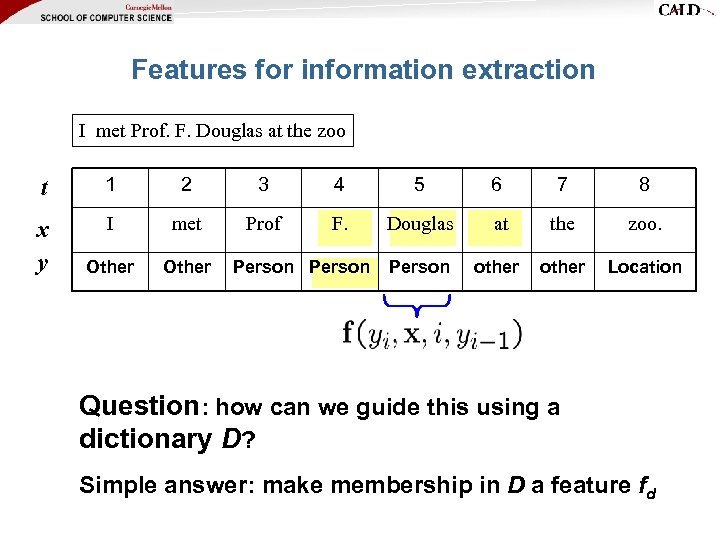 Features for information extraction I met Prof. F. Douglas at the zoo t 1