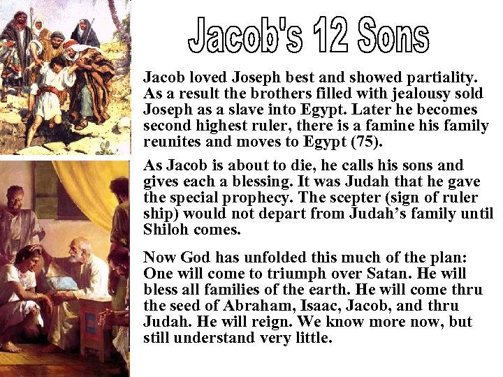 Jacob loved Joseph best and showed partiality. As a result the brothers filled with