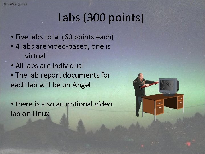 Labs (300 points) • Five labs total (60 points each) • 4 labs are