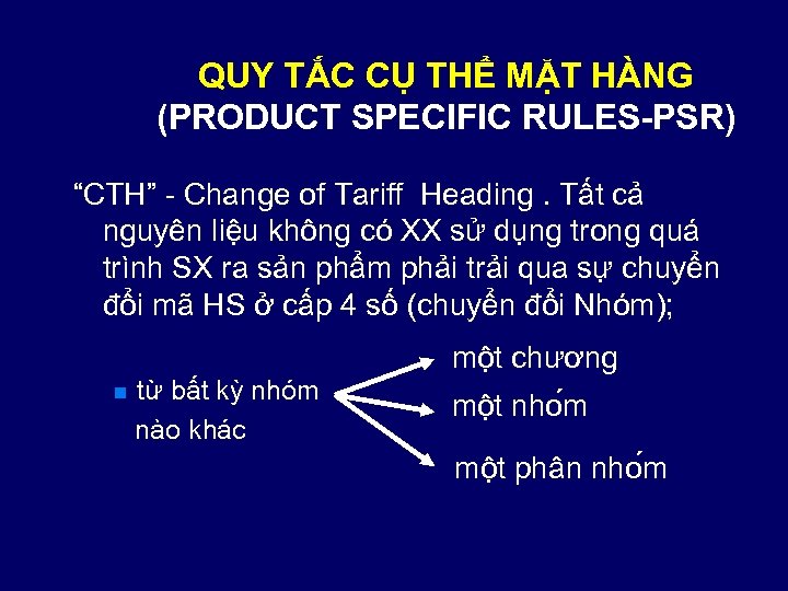 QUY TẮC CỤ THỂ MẶT HÀNG (PRODUCT SPECIFIC RULES-PSR) “CTH” - Change of Tariff