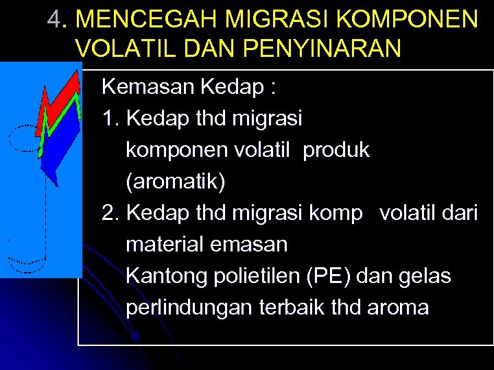 4. MENCEGAH MIGRASI KOMPONEN VOLATIL DAN PENYINARAN Kemasan Kedap : 1. Kedap thd migrasi