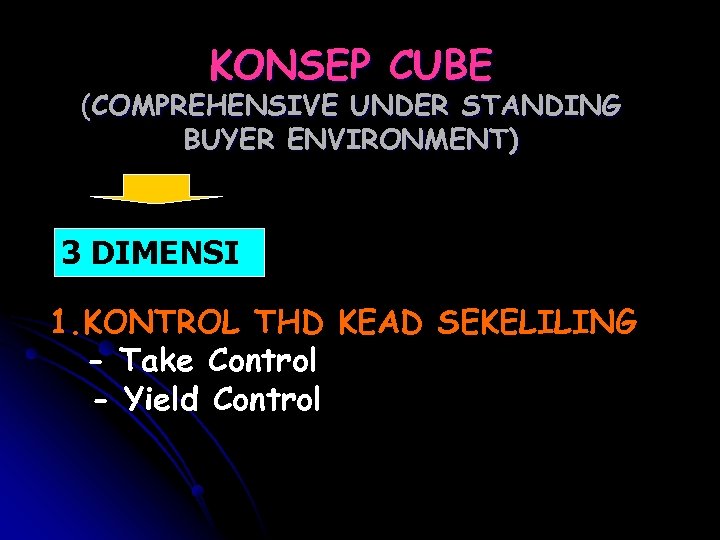 KONSEP CUBE (COMPREHENSIVE UNDER STANDING BUYER ENVIRONMENT) 3 DIMENSI 1. KONTROL THD KEAD SEKELILING