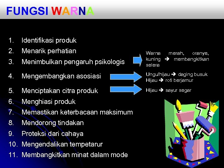 FUNGSI WARNA 1. Identifikasi produk 2. Menarik perhatian 3. Menimbulkan pengaruh psikologis 4. Mengembangkan