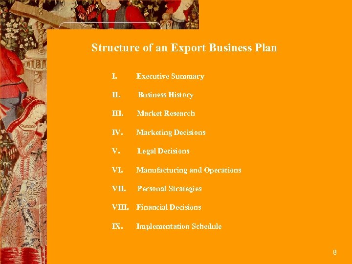 Structure of an Export Business Plan I. Executive Summary II. Business History III. Market