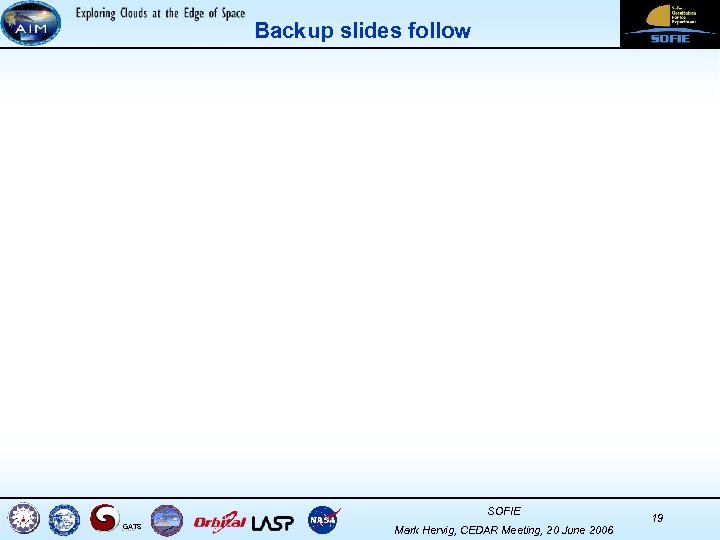 Backup slides follow SOFIE GATS Mark Hervig, CEDAR Meeting, 20 June 2006 19 