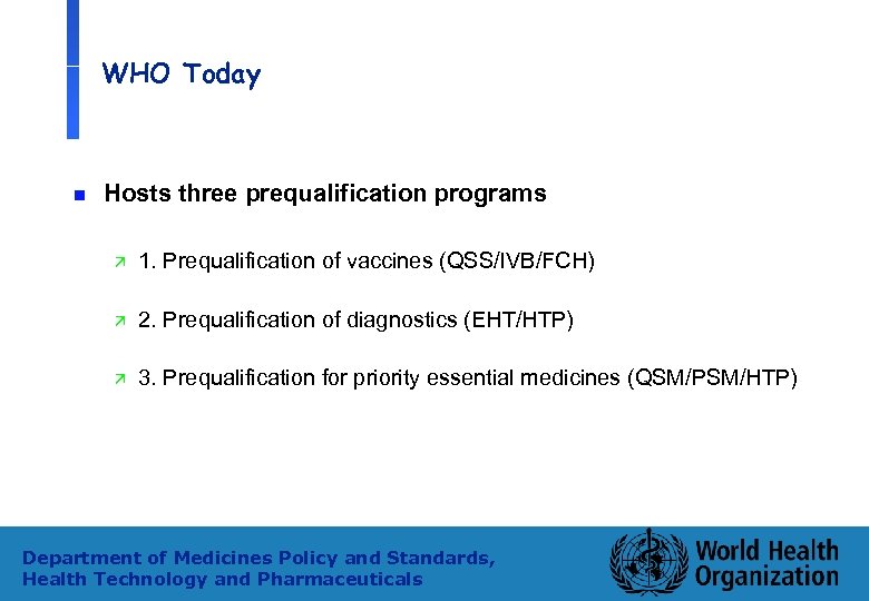 WHO Today n Hosts three prequalification programs ä 1. Prequalification of vaccines (QSS/IVB/FCH) ä
