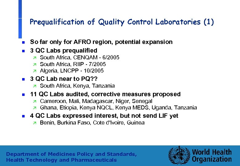 Prequalification of Quality Control Laboratories (1) n n So far only for AFRO region,
