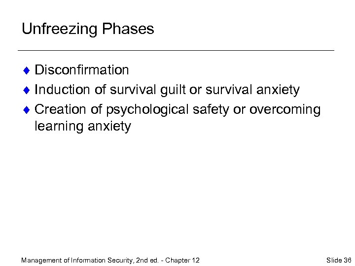 Unfreezing Phases ¨ Disconfirmation ¨ Induction of survival guilt or survival anxiety ¨ Creation