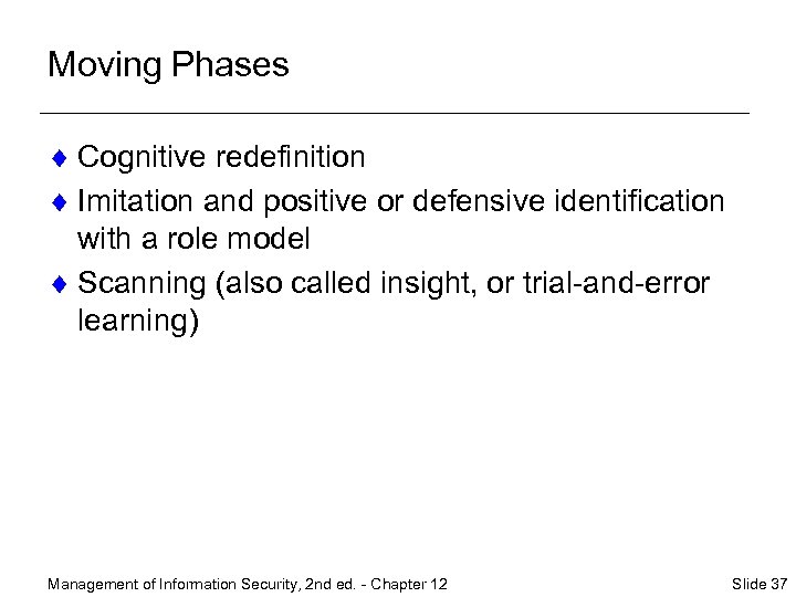 Moving Phases ¨ Cognitive redefinition ¨ Imitation and positive or defensive identification with a