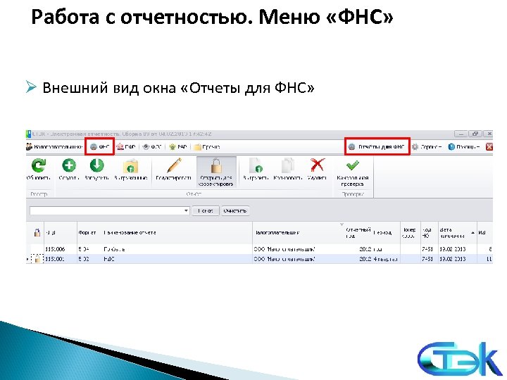 Работа с отчетностью. Меню «ФНС» Ø Внешний вид окна «Отчеты для ФНС» 