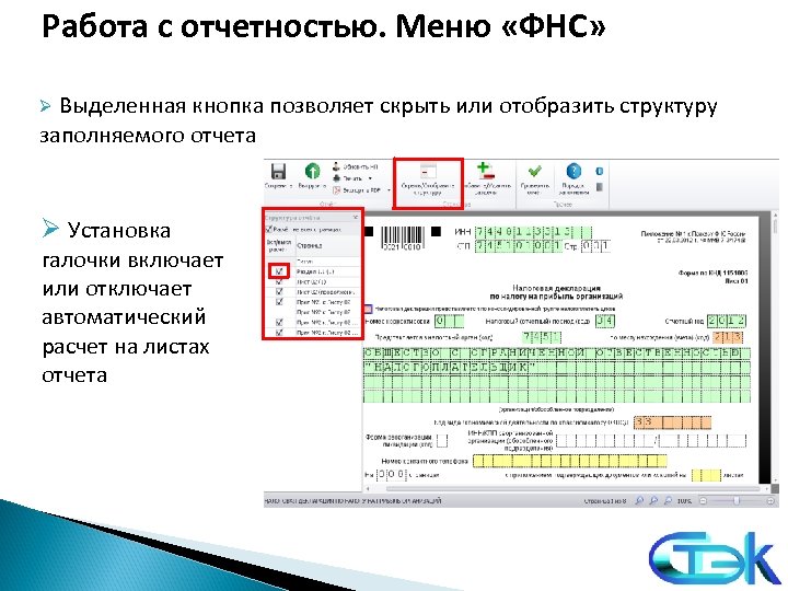 Работа с отчетностью. Меню «ФНС» Ø Выделенная кнопка позволяет скрыть или отобразить структуру заполняемого