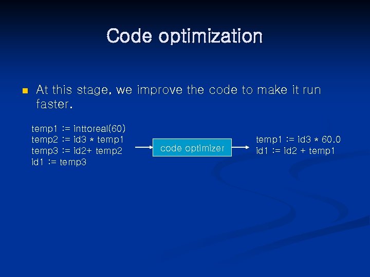 Code optimization n At this stage, we improve the code to make it run