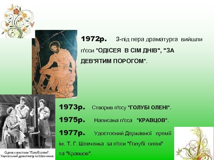 1972 р. З-під пера драматурга вийшли п'єси 