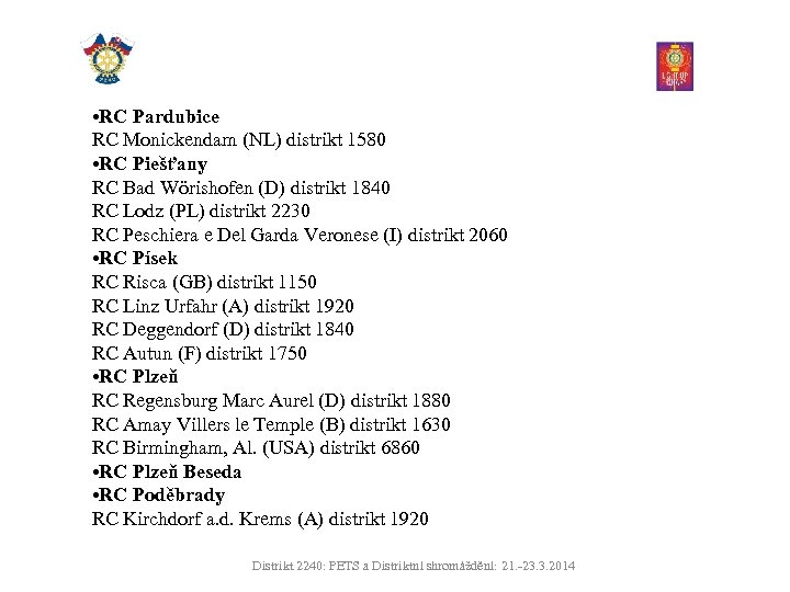  • RC Pardubice RC Monickendam (NL) distrikt 1580 • RC Piešťany RC Bad