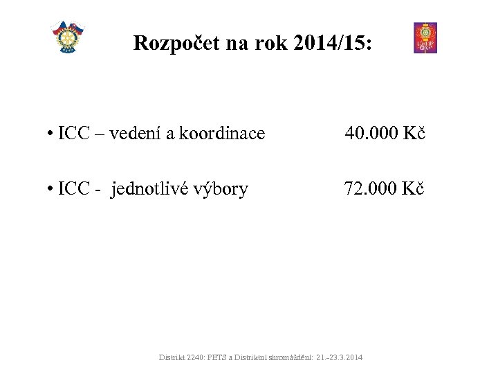 Rozpočet na rok 2014/15: • ICC – vedení a koordinace • ICC - jednotlivé