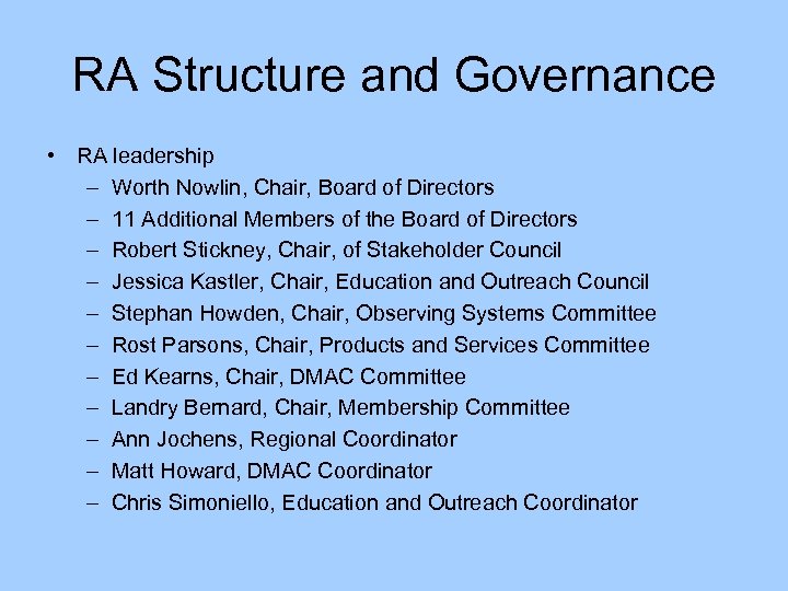 RA Structure and Governance • RA leadership – Worth Nowlin, Chair, Board of Directors