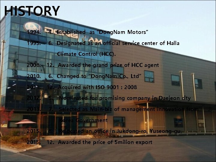 HISTORY 1994. 4. Established as “Dong. Nam Motors” 1995. 6. Designated as an official