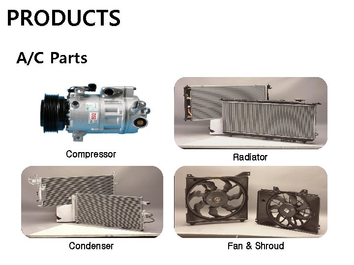 PRODUCTS A/C Parts Compressor Condenser Radiator Fan & Shroud 