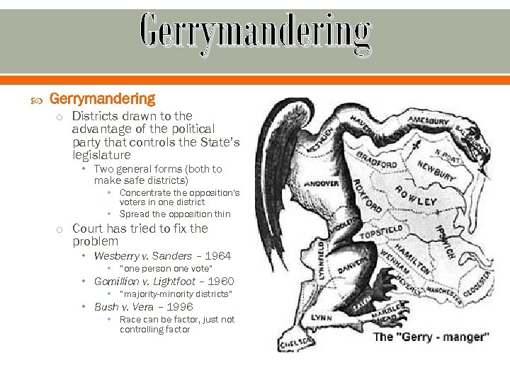 Gerrymandering o Districts drawn to the advantage of the political party that controls the