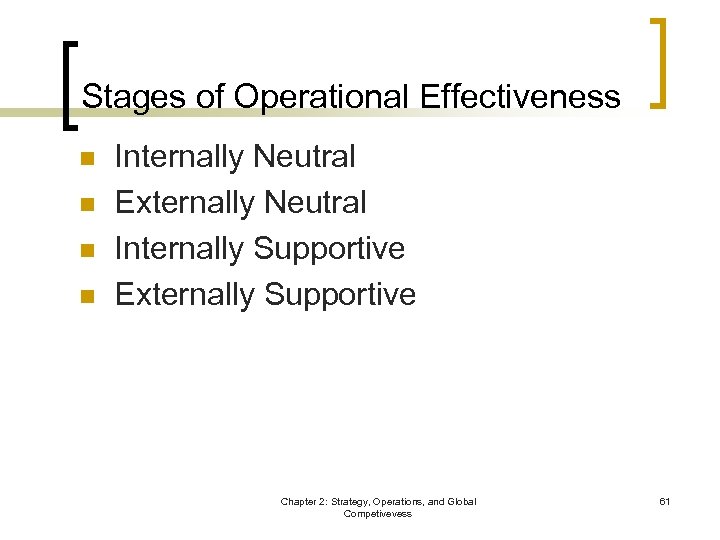 Stages of Operational Effectiveness n n Internally Neutral Externally Neutral Internally Supportive Externally Supportive