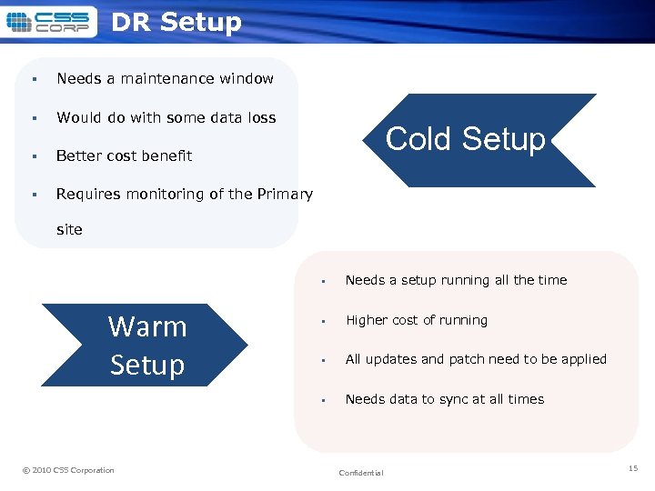 DR Setup § Needs a maintenance window § Would do with some data loss