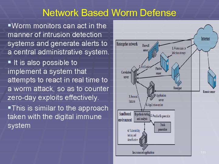 Network Based Worm Defense §Worm monitors can act in the manner of intrusion detection