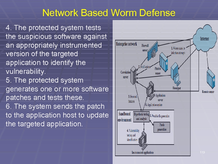 Network Based Worm Defense 4. The protected system tests the suspicious software against an