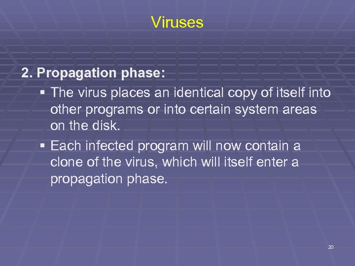 Viruses 2. Propagation phase: § The virus places an identical copy of itself into