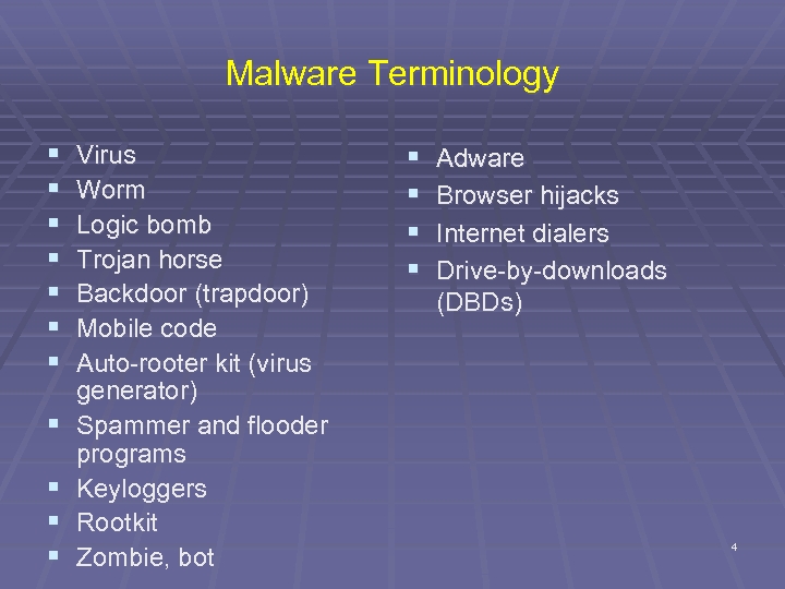 Malware Terminology § § § Virus Worm Logic bomb Trojan horse Backdoor (trapdoor) Mobile