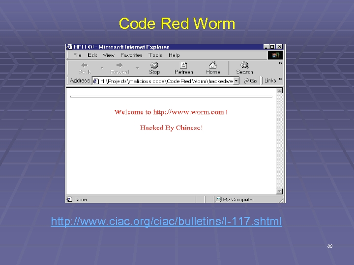 Code Red Worm http: //www. ciac. org/ciac/bulletins/l-117. shtml 88 