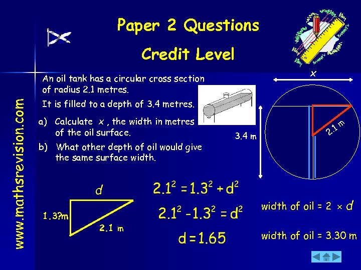 Paper 2 Questions Credit Level x www. mathsrevision. com An oil tank has a