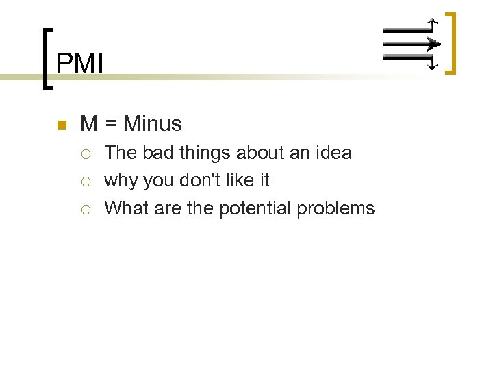 PMI n M = Minus ¡ ¡ ¡ The bad things about an idea