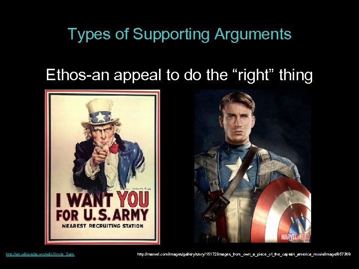 Types of Supporting Arguments Ethos-an appeal to do the “right” thing http: //en. wikipedia.