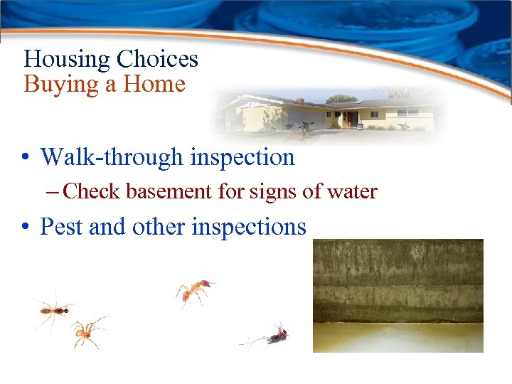 Housing Choices Buying a Home • Walk-through inspection – Check basement for signs of