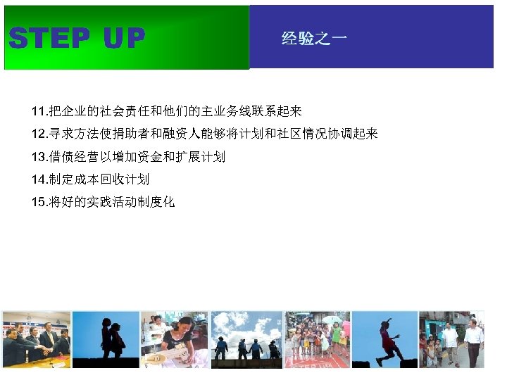 11. 把企业的社会责任和他们的主业务线联系起来 12. 寻求方法使捐助者和融资人能够将计划和社区情况协调起来 13. 借债经营以增加资金和扩展计划 14. 制定成本回收计划 15. 将好的实践活动制度化 
