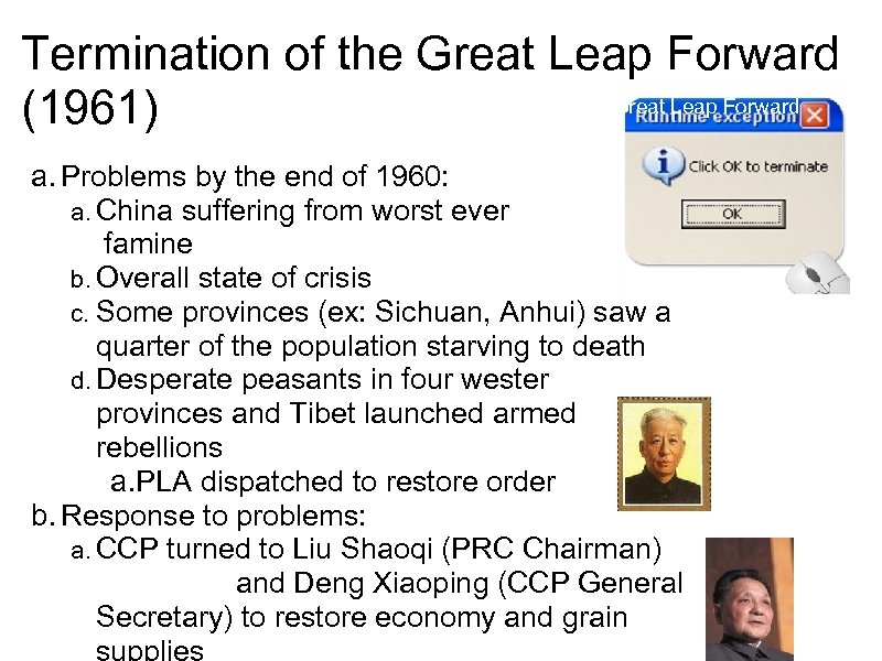 Termination of the Great Leap Forward (1961) a. Problems by the end of 1960: