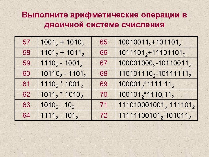 Выполните арифметические операции в двоичной системе счисления 57 58 59 60 10012 + 10102