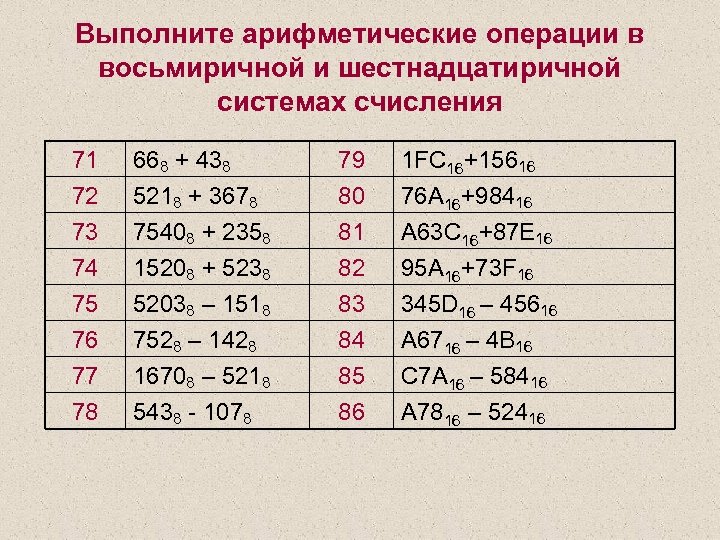 Выполните арифметические операции в восьмиричной и шестнадцатиричной системах счисления 71 72 73 74 668