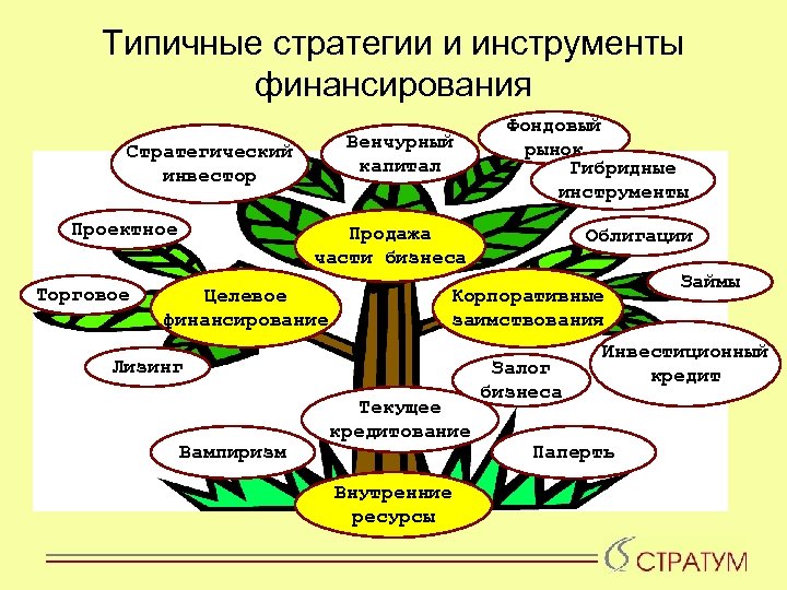 Типичные стратегии и инструменты финансирования Венчурный капитал Стратегический инвестор Проектное Торговое Фондовый рынок Гибридные