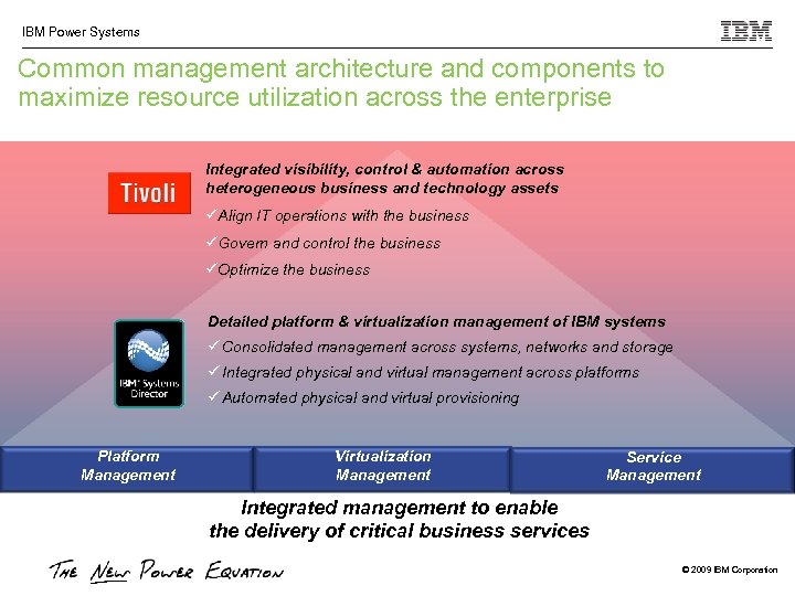 IBM Power Systems Common management architecture and components to maximize resource utilization across the