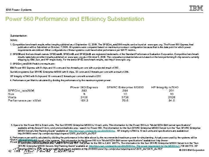 IBM Power Systems Power 560 Performance and Efficiency Substantiation: Notes: 1. Competitive benchmark results