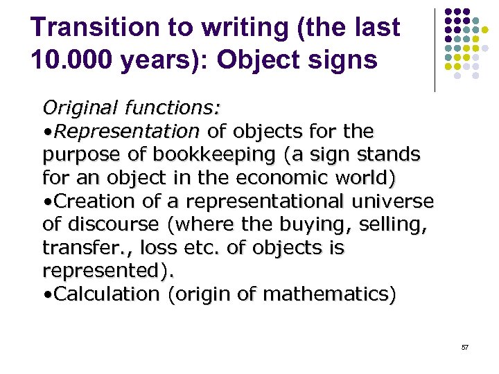 Transition to writing (the last 10. 000 years): Object signs Original functions: • Representation