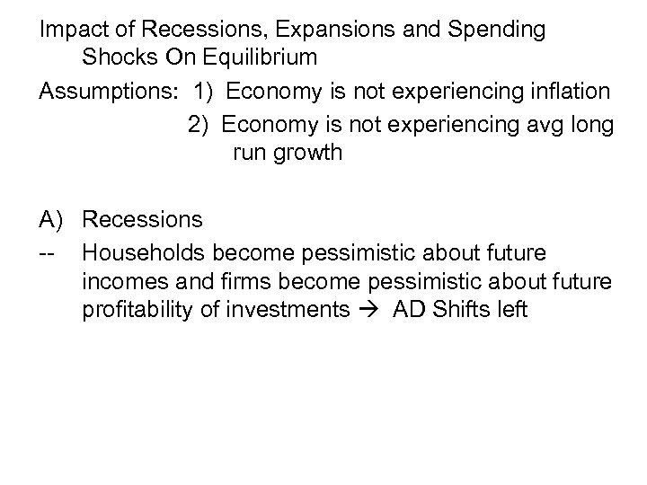 Impact of Recessions, Expansions and Spending Shocks On Equilibrium Assumptions: 1) Economy is not
