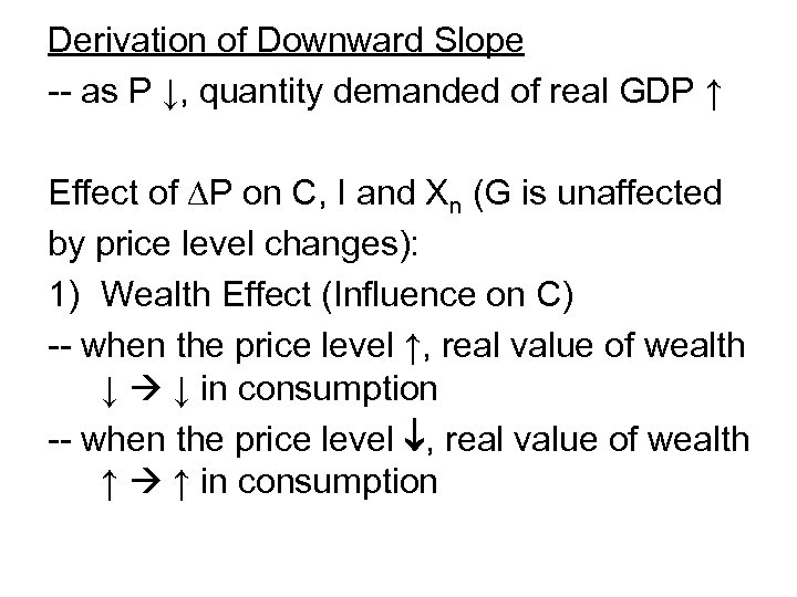 Derivation of Downward Slope -- as P ↓, quantity demanded of real GDP ↑