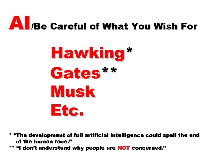 AI/Be Careful of What You Wish For Hawking* Gates** Musk Etc. * “The development